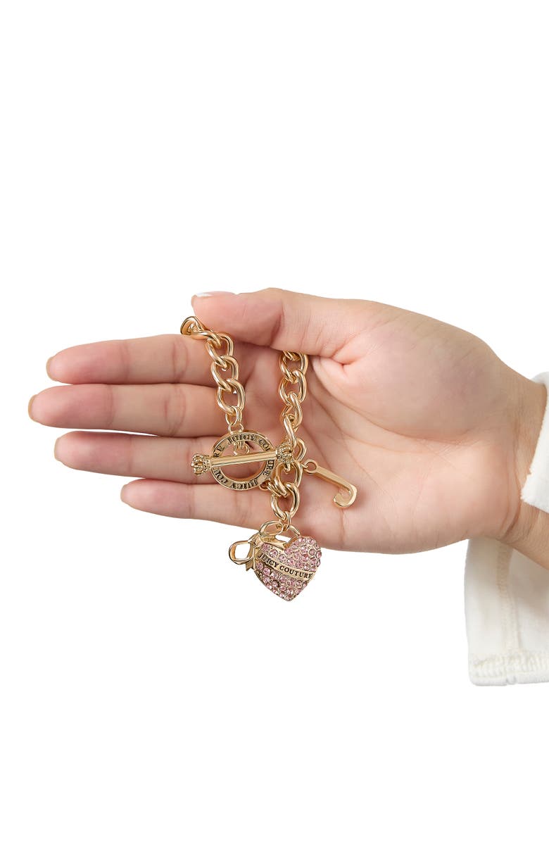 Juicy Couture Pink Pavé Heart Toggle Bracelet, Gold-Tone Curb Chain, Alternate, color, Gold Tone