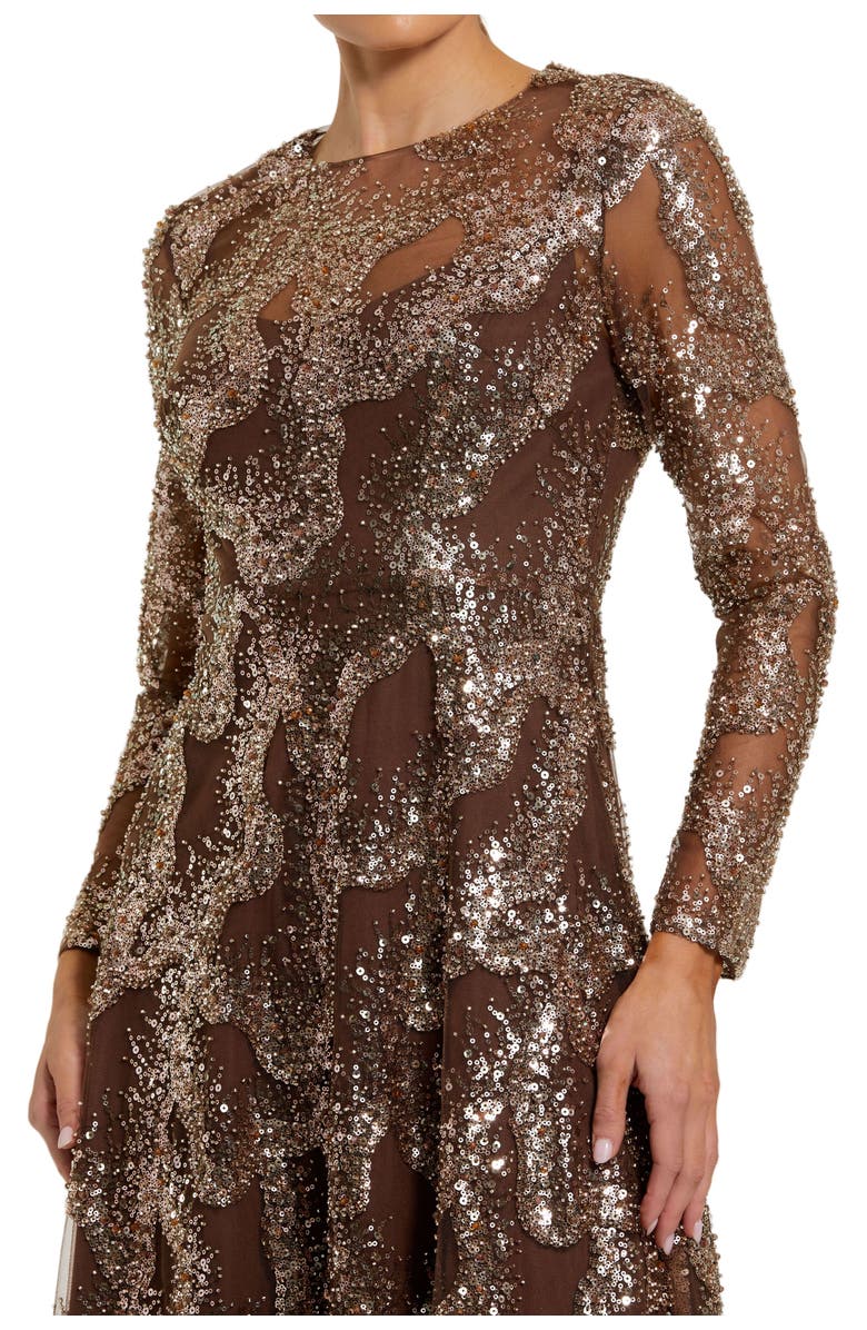 Mac Duggal Embellished Mesh Long Sleeve High Neck Gown, Alternate, color, Bronze