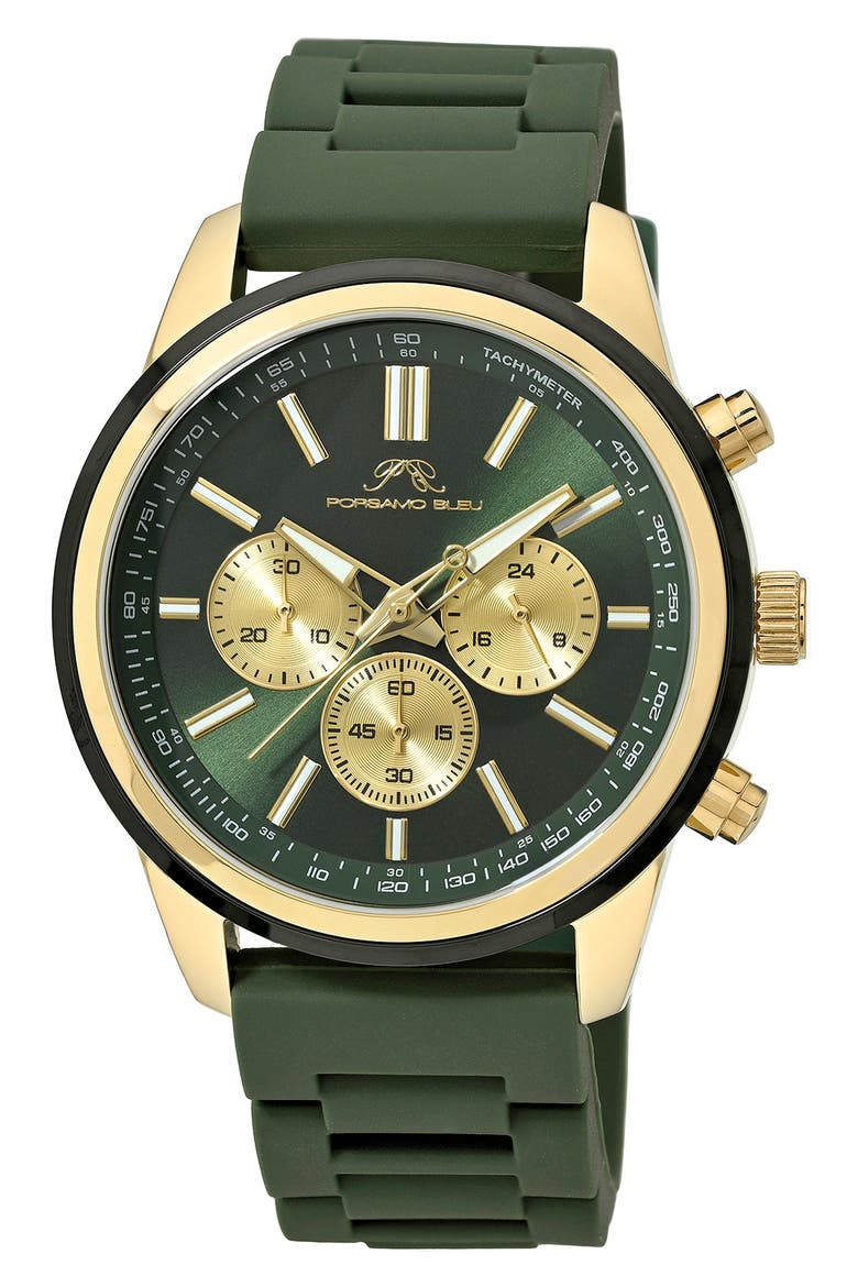 Logan Chronograph Silicone Strap Watch, Main, color, GOLD GREEN