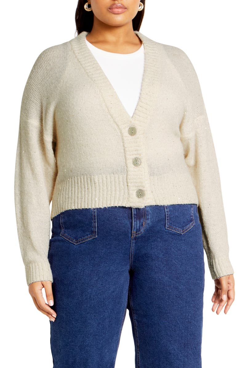 City Chic Remy Metallic Crop Cardigan, Main, color, Cream