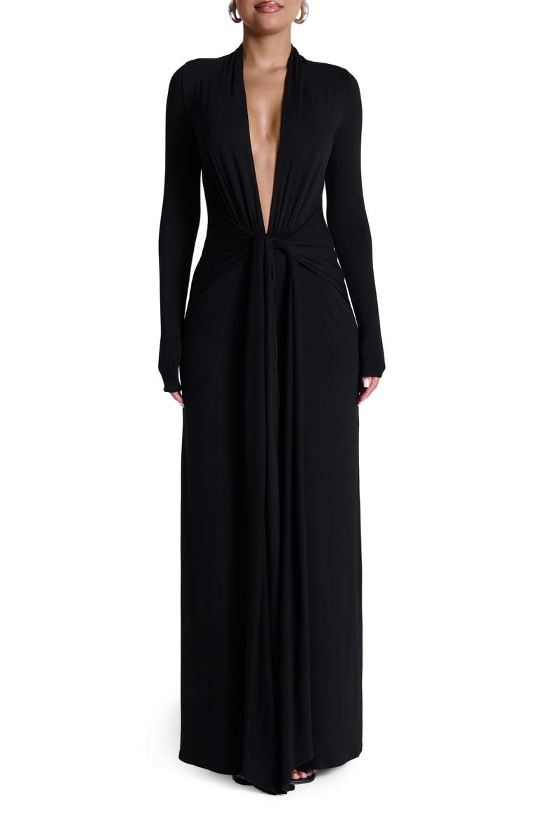 naked wardrobe long sleeve dress Plunge Neck Long Sleeve Stretch Jersey Maxi Dress (Women)