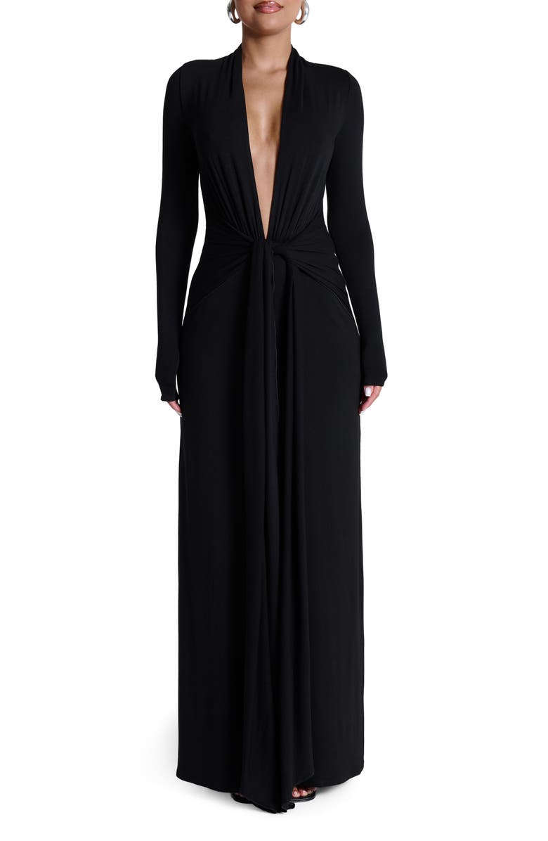 Naked Wardrobe Plunge Neck Long Sleeve Stretch Jersey Maxi Dress, Main, color, 