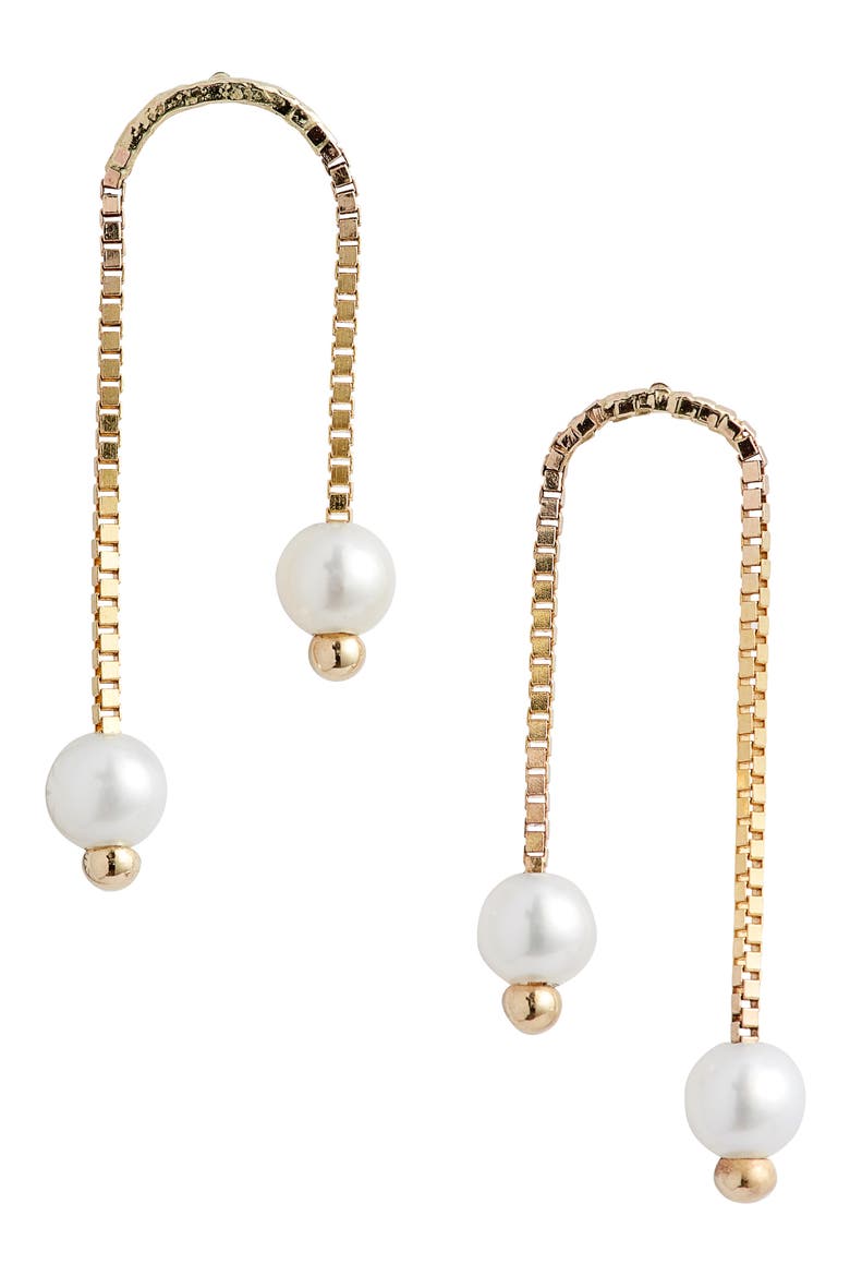 Box Chain Double Cultured Pearl Earrings, Main, color, YELLOW GOLD