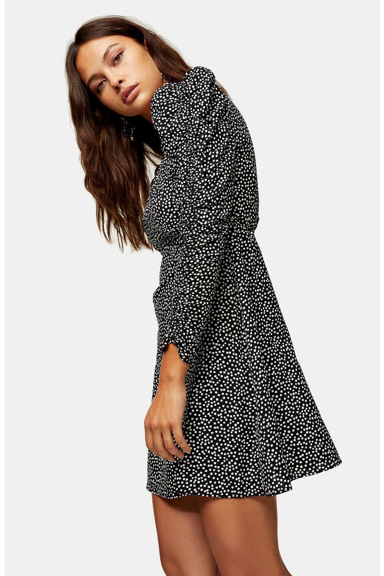 Ruched Long Sleeve Teadress, Alternate, color, BLACK MULTI
