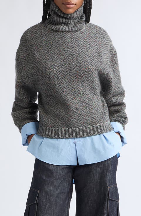 Courtney Cashmere Herringbone Tweed Turtleneck Sweater