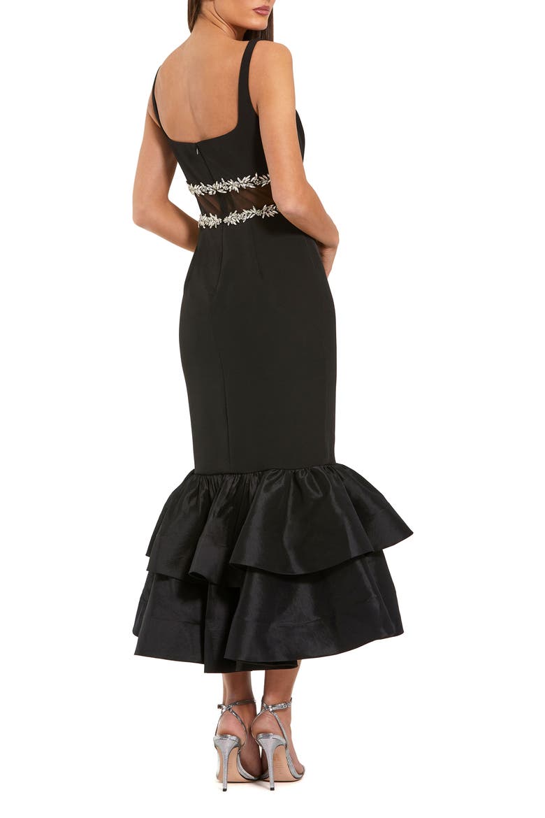 Women’s Crepe Midi Dress with Jewel Detail & Ruffle Hem, Alternate, color, Black