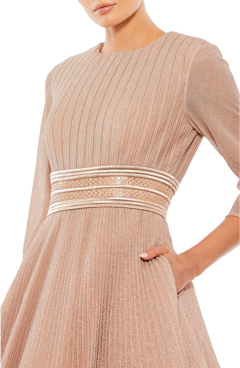 Mac Duggal Shimmering Pleated A-Line 3/4 Sleeve Gown, Alternate, color, Rose Gold