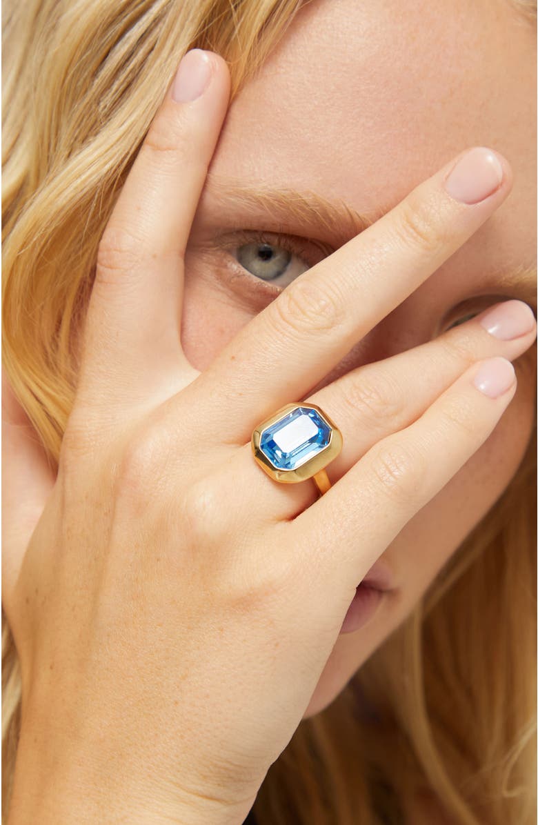 UNODE50 Gold-tone Ring with Emerald-Cut Blue Crystal, Alternate, color, Gold