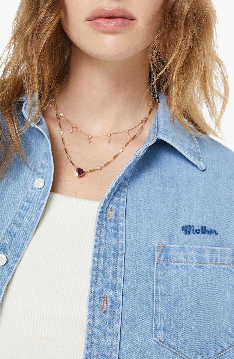 MOTHER The Honor Roll Logo Embroidered Denim Crop Button-Up Shirt, Alternate, color, Grand Slam