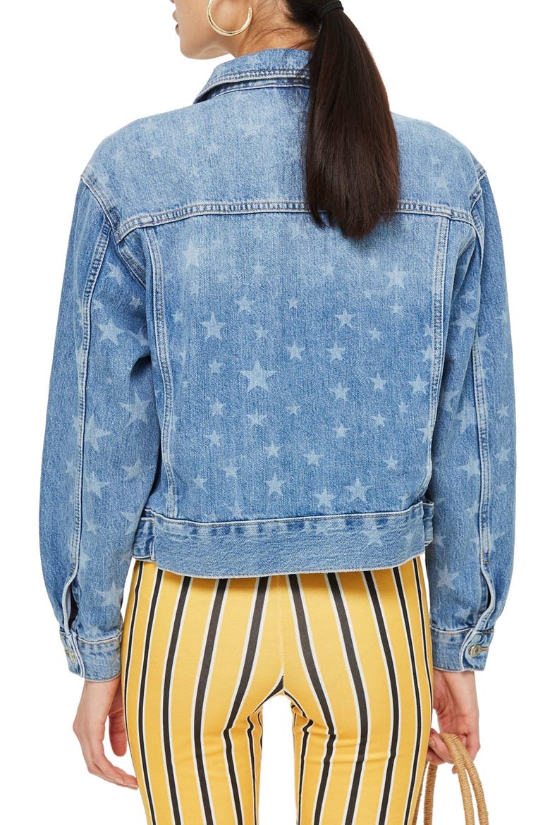 MOTO Laser Star Print Boxy Denim Jacket, Alternate, color, MID DENIM MULTI
