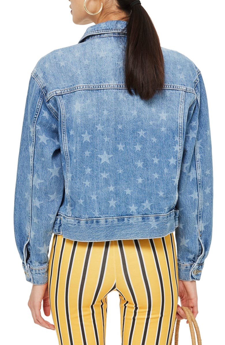 Topshop MOTO Laser Star Print Boxy Denim Jacket, Alternate, color, 