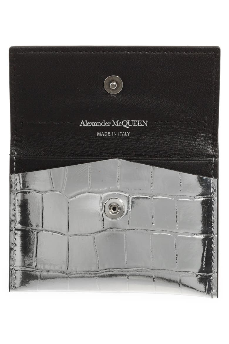 Alexander McQueen Skull Croc Embossed Leather Card Case, Alternate, color, SILVER