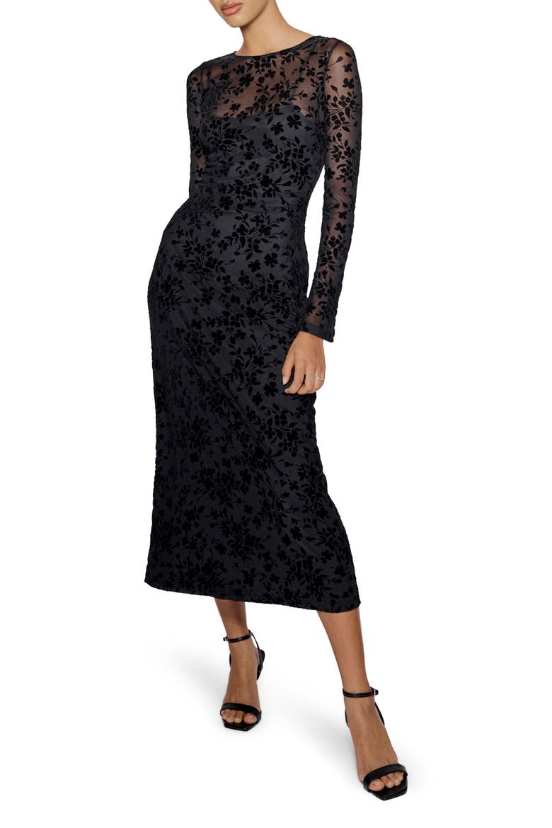 Clarissa Floral Devoré Long Sleeve Midi Dress, Main, color, BLACK