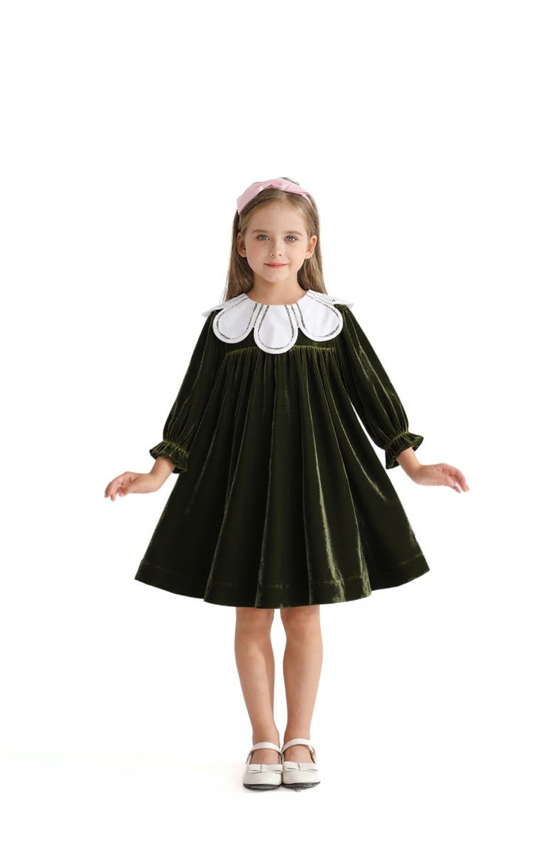 Tulleen Petal Velvet Dress, Alternate, color, Olive