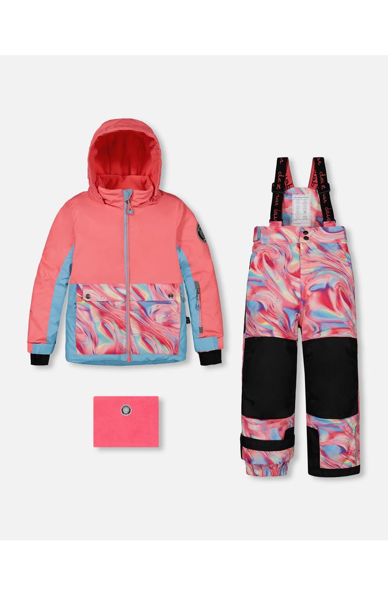 Deux par Deux Girl's Two Piece Snowsuit Colorblock Coral And Air Blue With Printed Marble, Main, color, 
