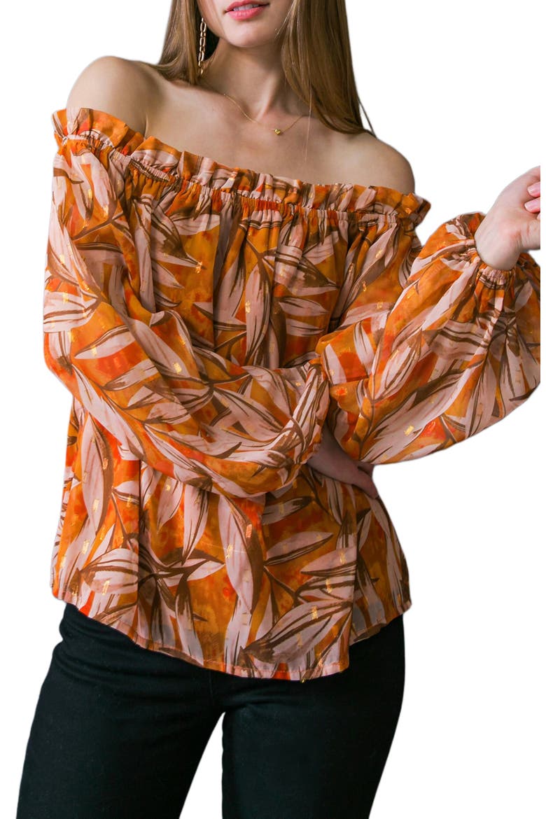 Print Off the Shoulder Top, Main, color, ORANGE BROWN