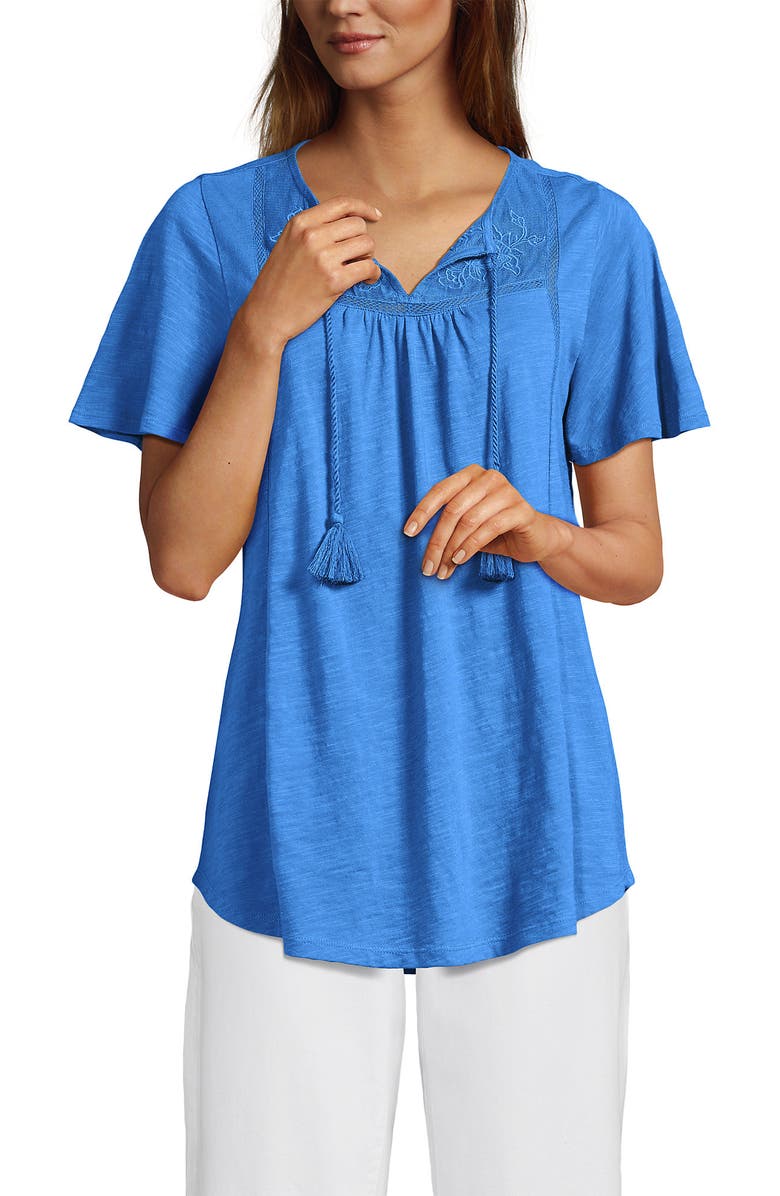 Lands' End Slub Flutter Sleeve Lace Trim Notch Neck Tunic Top, Alternate, color, Muted Cobalt Blue