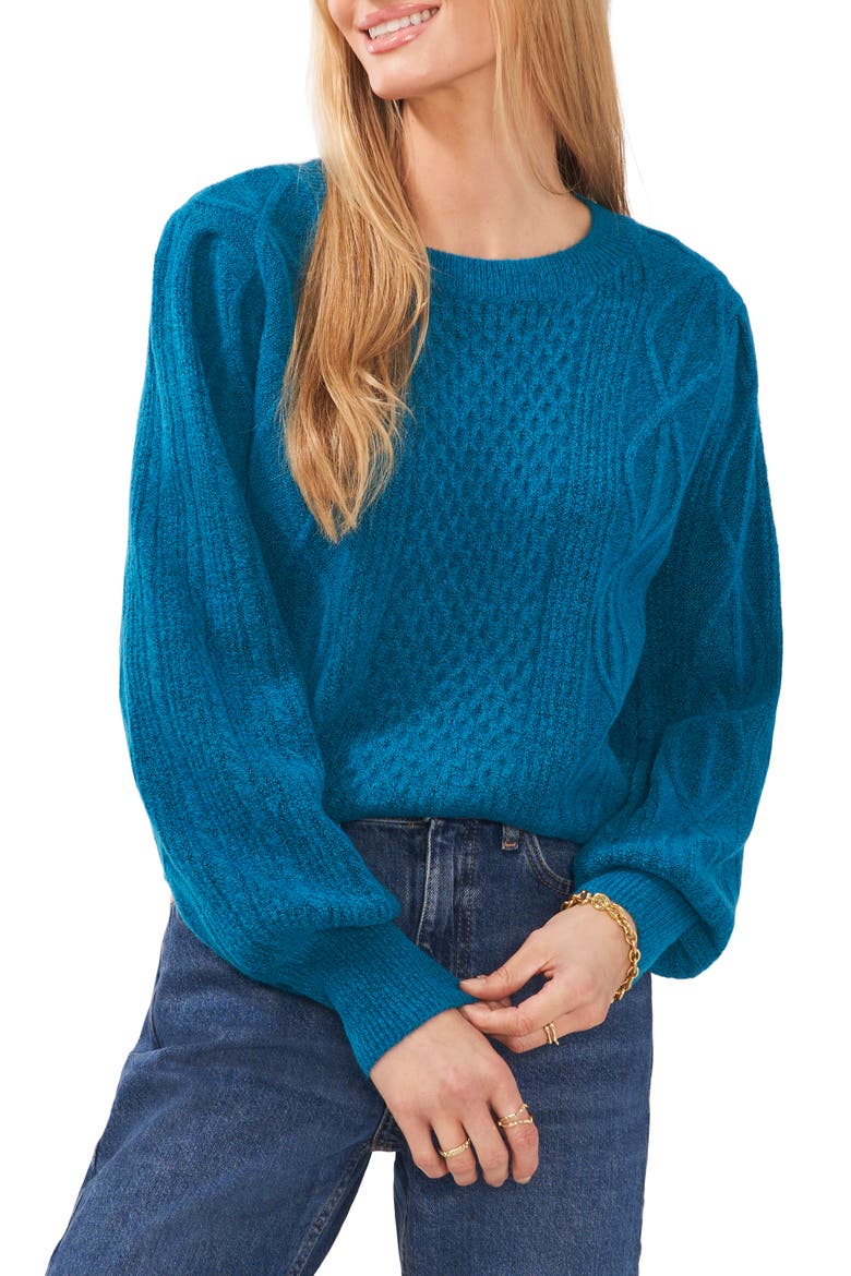 Variegated Cables Crew Sweater, Main, color, TEAL
