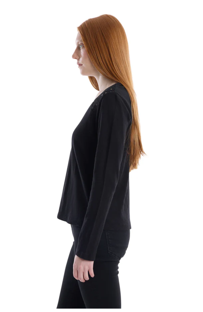 WILT Clothing V-Neck Long Sleeve Mixed Media Tee with Lace Inset, Alternate, color, Black