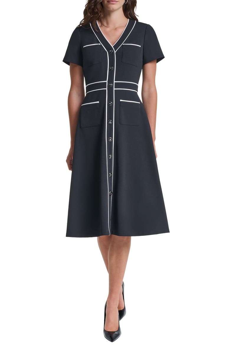 Contrast Scuba Crepe Midi Dress, Main, color, BLACK/ SOFT WHITE