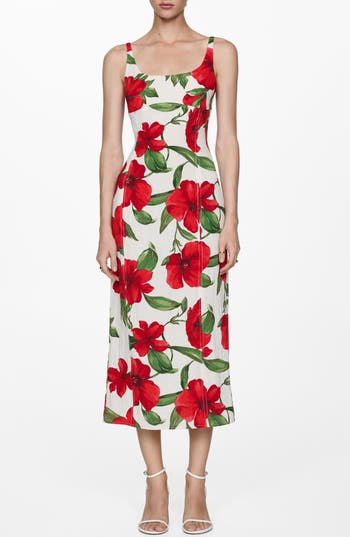 Mango Floral Seamed Midi Cocktail Dress