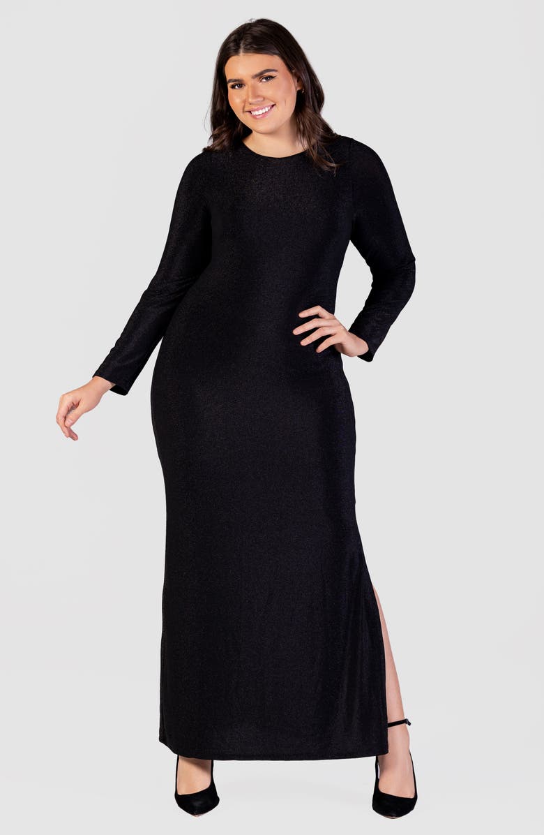 24seven Comfort Apparel Shimmery Long Sleeve Maxi Dress, Alternate, color, Black