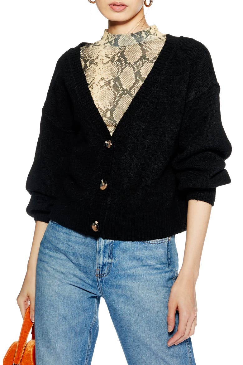 Horn Button Crop Cardigan, Main, color, BLACK