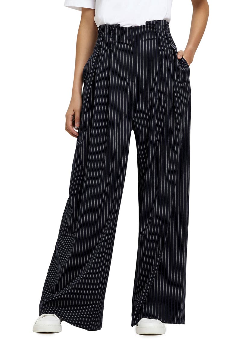 River Island Pinstripe Pleated Paperbag Waist Wide Leg Trousers, Main, color,