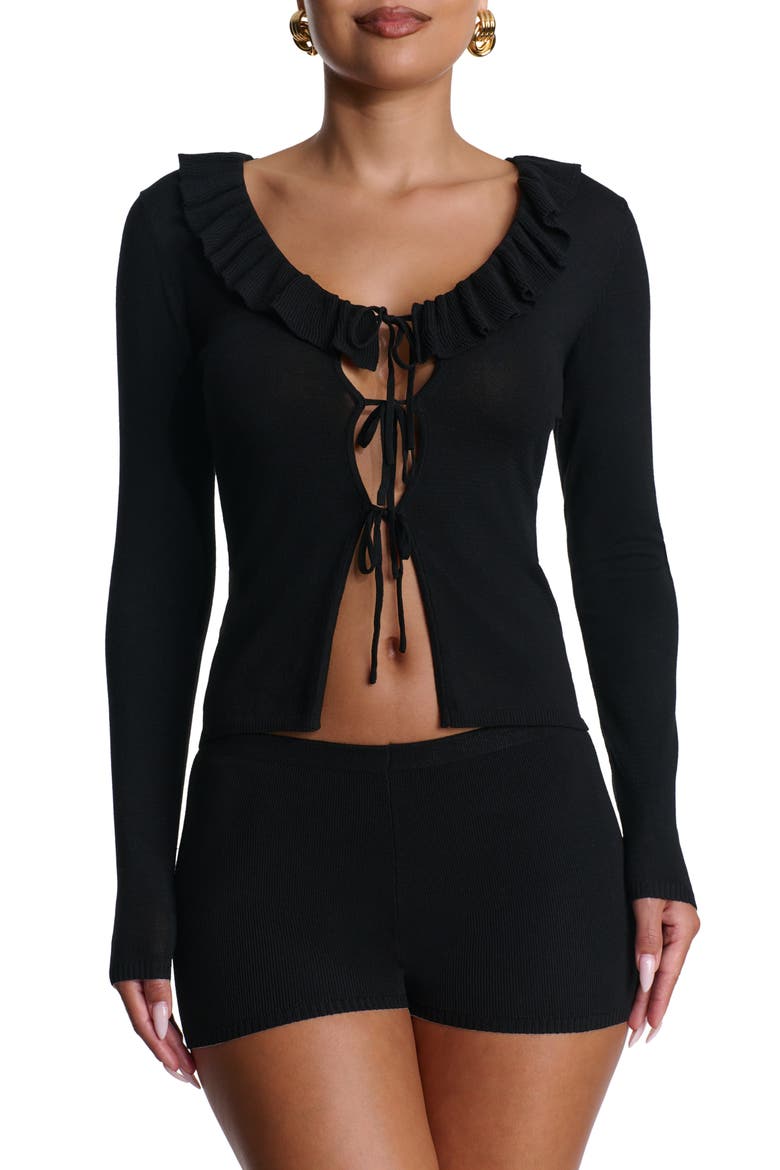 Ruffle Tie Front Cardigan, Main, color, BLACK