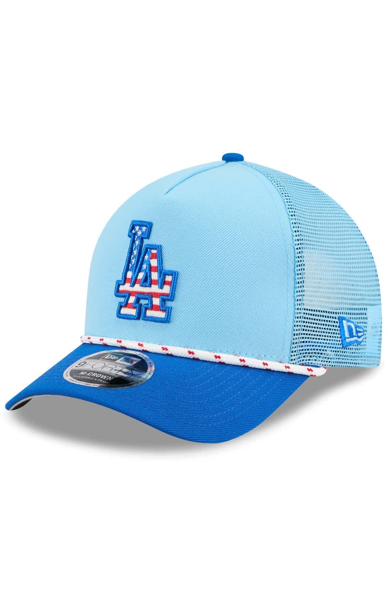 New Era Men's New Era Light Blue/Royal Los Angeles Dodgers 2025 Fourth of July 9FORTY A-Frame M-Crown Adjustable Trucker Hat, Main, color, Light Blue