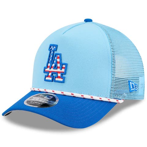 Men's New Era Light Blue/Royal Los Angeles Dodgers 2025 Fourth of July 9FORTY A-Frame M-Crown Adjustable Trucker Hat