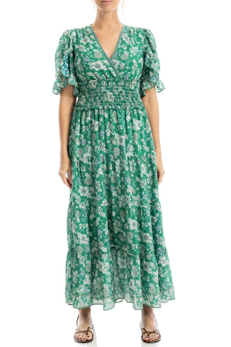 V-Neck Flutter Sleeve Smocked Waist Maxi Dress, Main, color, GREEN LARGE FLORAL