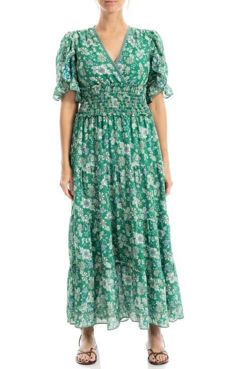 V-Neck Flutter Sleeve Smocked Waist Maxi Dress