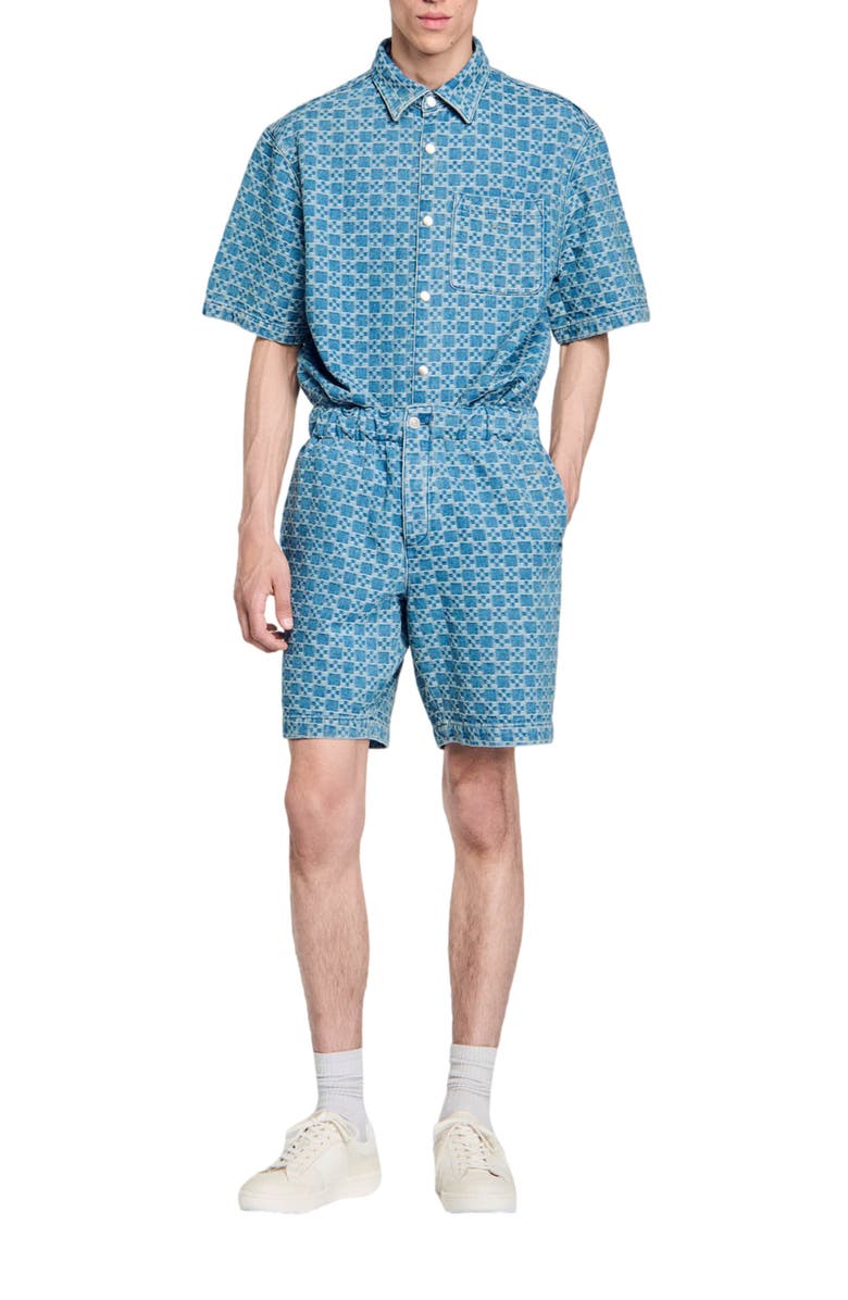 SANDRO Square cross denim Bermuda shorts, Alternate, color, 