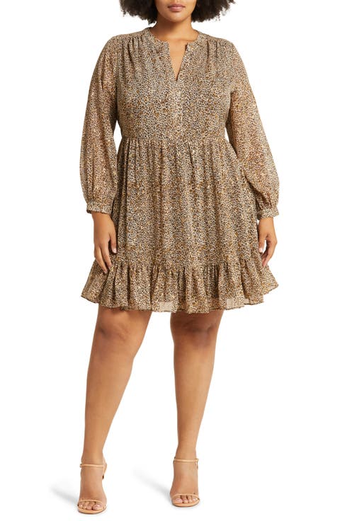 Leopard Print Ruffle Hem Long Sleeve Dress