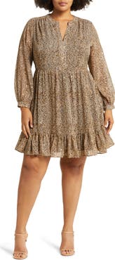 Vince Camuto Leopard Print Ruffle Hem Long Sleeve Dress
