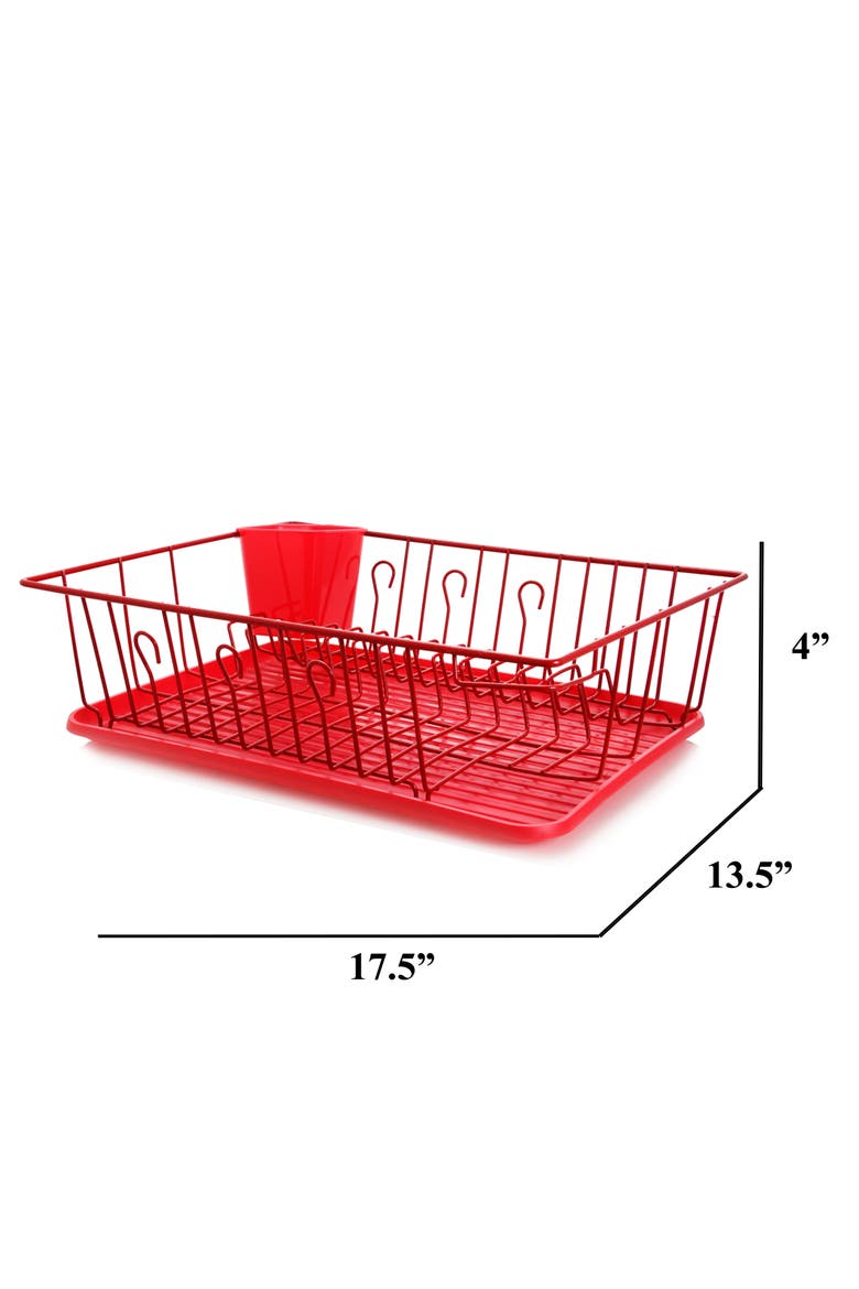 17.5 Inch Dish Rack with 14 Plate Positioners and a Detachable Utensil Holder, Alternate, color, Red