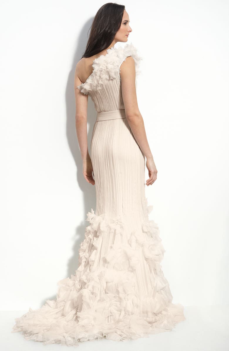 Tadashi Shoji Rosette Appliqué One Shoulder Chiffon Gown, Alternate, color,