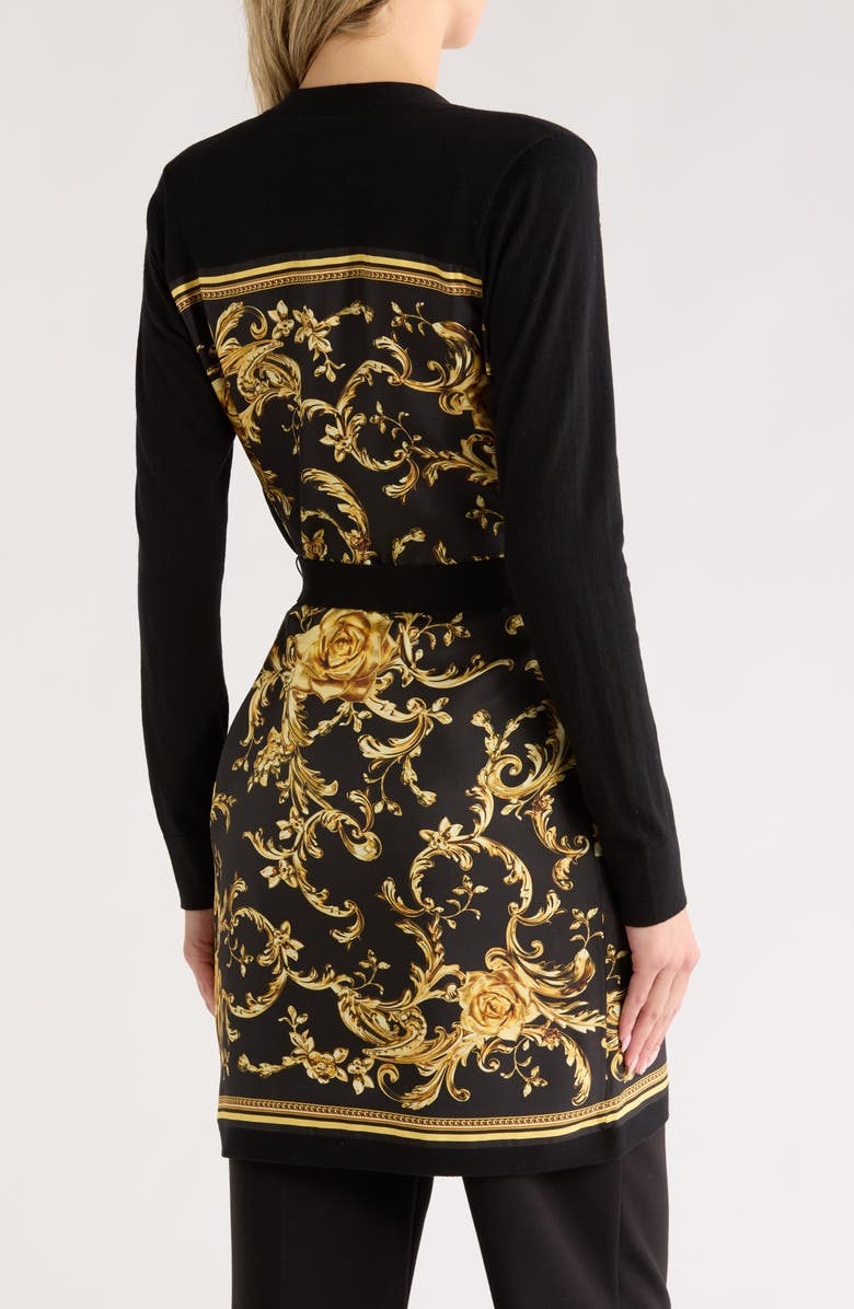 L'AGENCE Beverly Self Tie Longline Cardigan, Alternate, color, Blk/Gld Barocco Swirl Lng Scrf