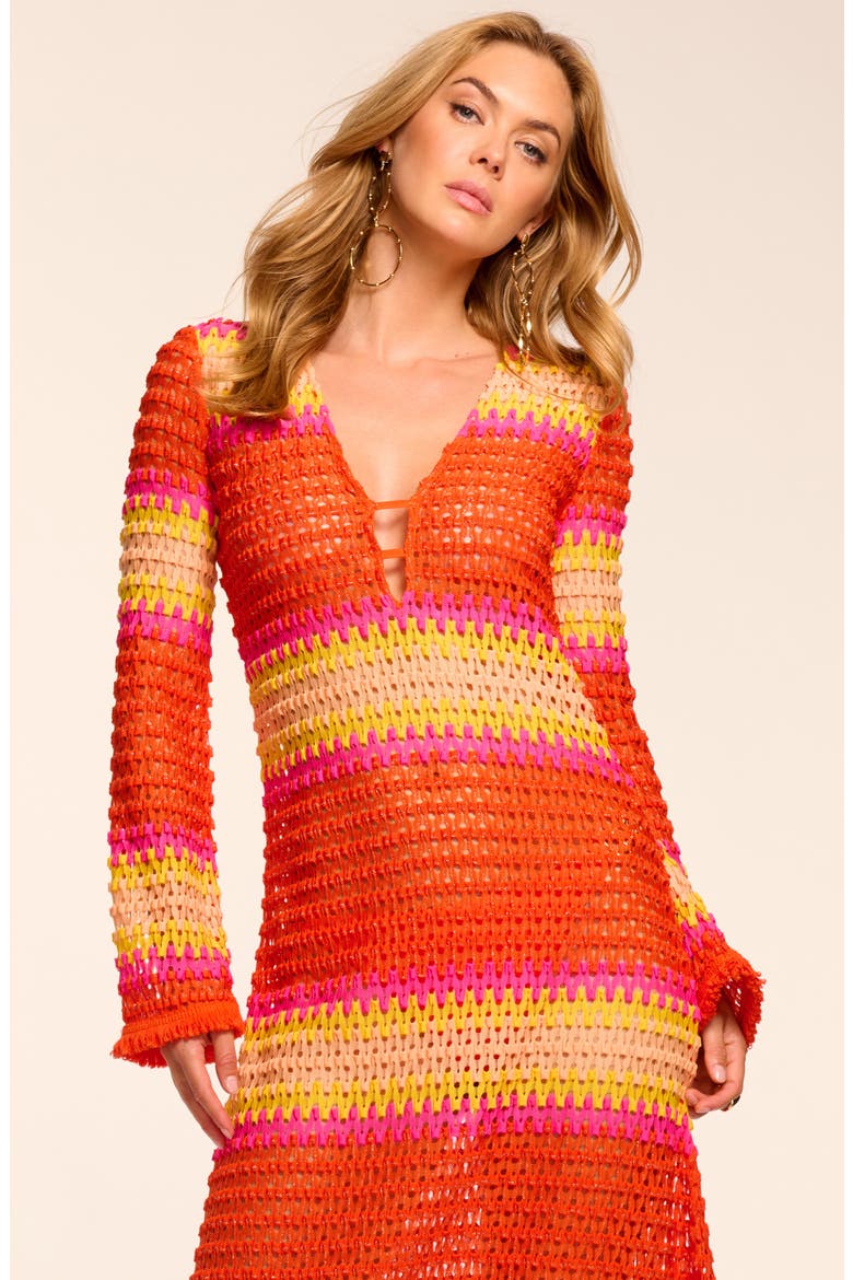 Hannah Stripe Long Sleeve Semisheer Cover-Up Dress, Alternate, color, VIVID ORANGE CROCHET