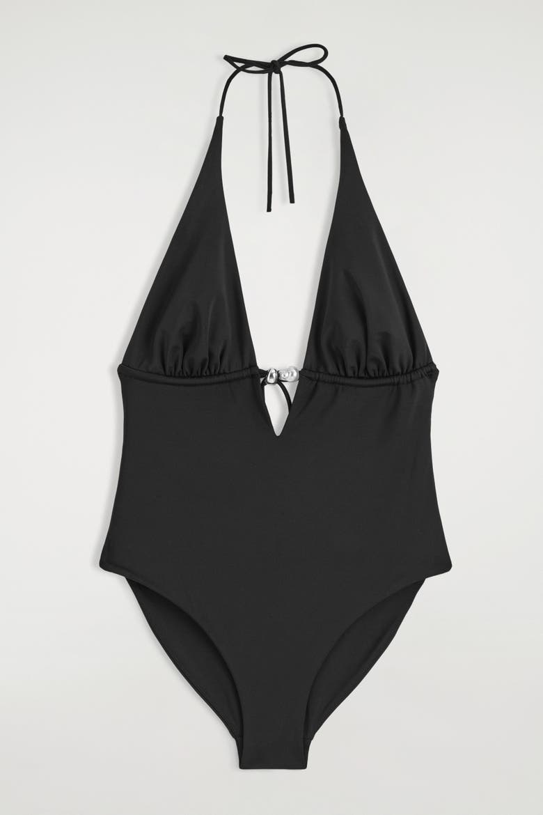 Embellished Plunge-Neck Swimsuit, Alternate, color, BLACK