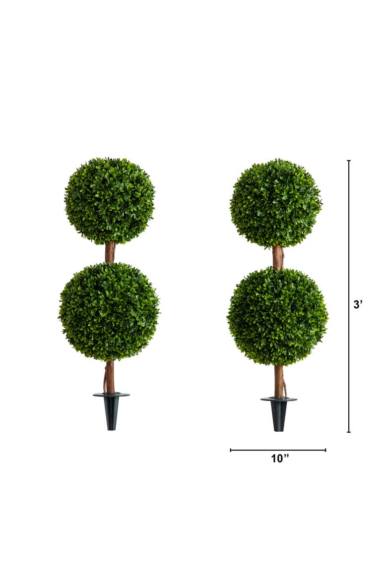 3-ft  UV Resistant Artificial Double Ball Boxwood Topiary with Integrated Ground Stake (Indoor/Outdoor) - Set of 2, Alternate, color, Green