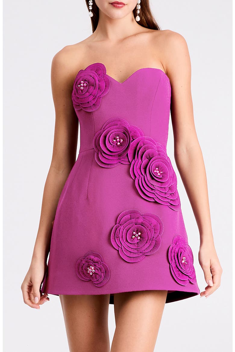 Gia Floral Appliqué Strapless Minidress, Alternate, color, BERRY