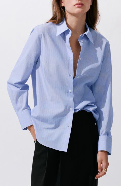 Stripe Cotton Blend Poplin Button-Up Shirt