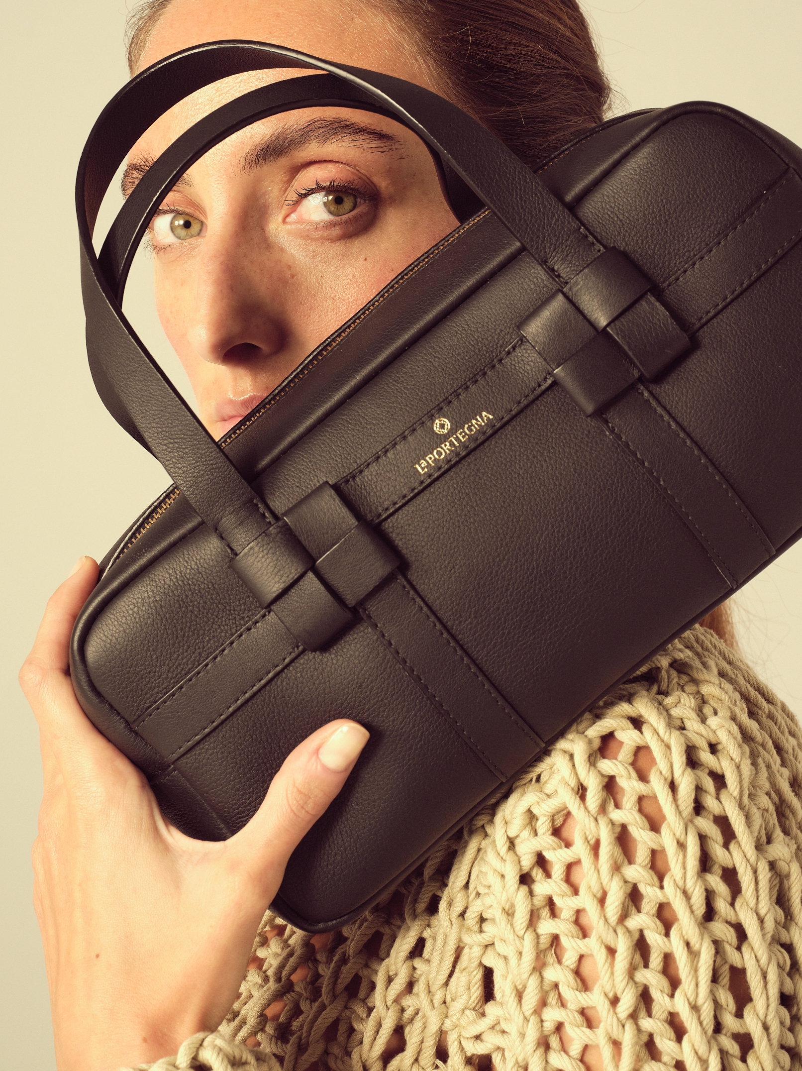 LA PORTEGNA Bibi Leather Bag With Shoulder Strap And Iconic Knots, Alternate, color, Black