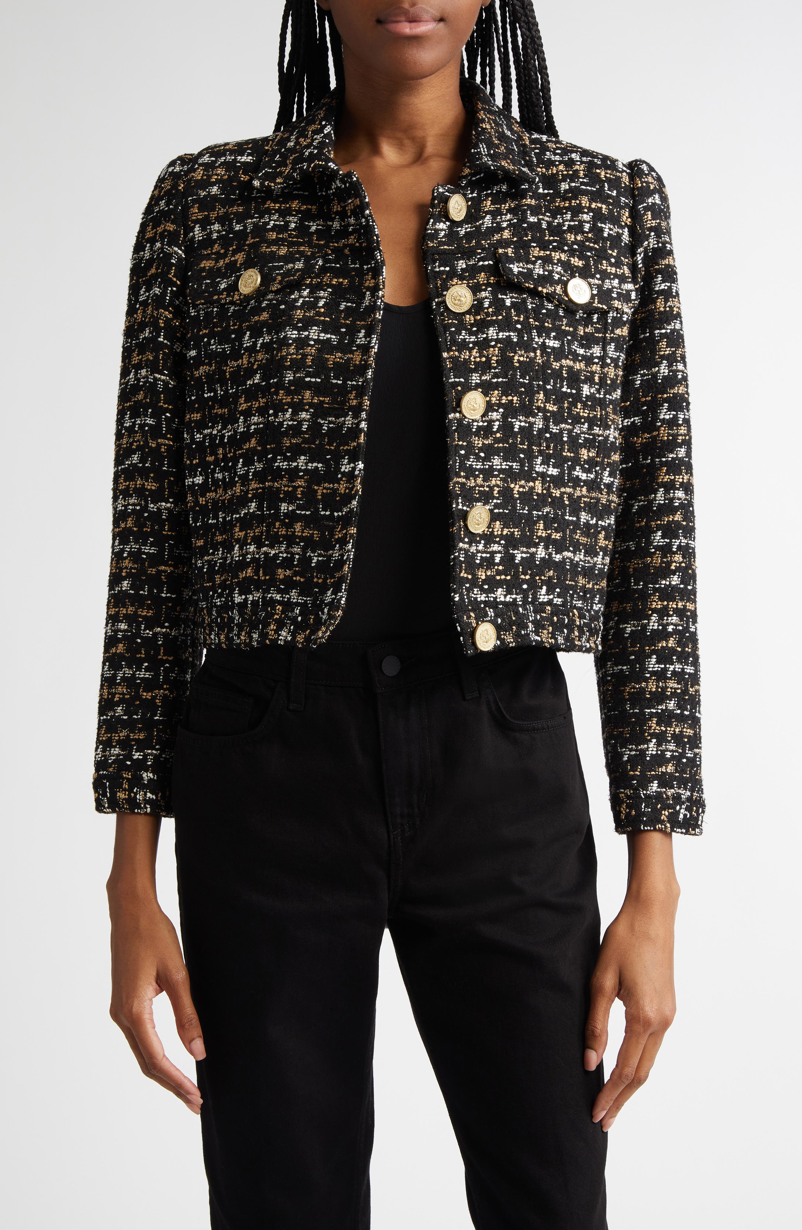 L'AGENCE Kasey Metallic Puff Shoulder Bracelet Sleeve Tweed Blazer