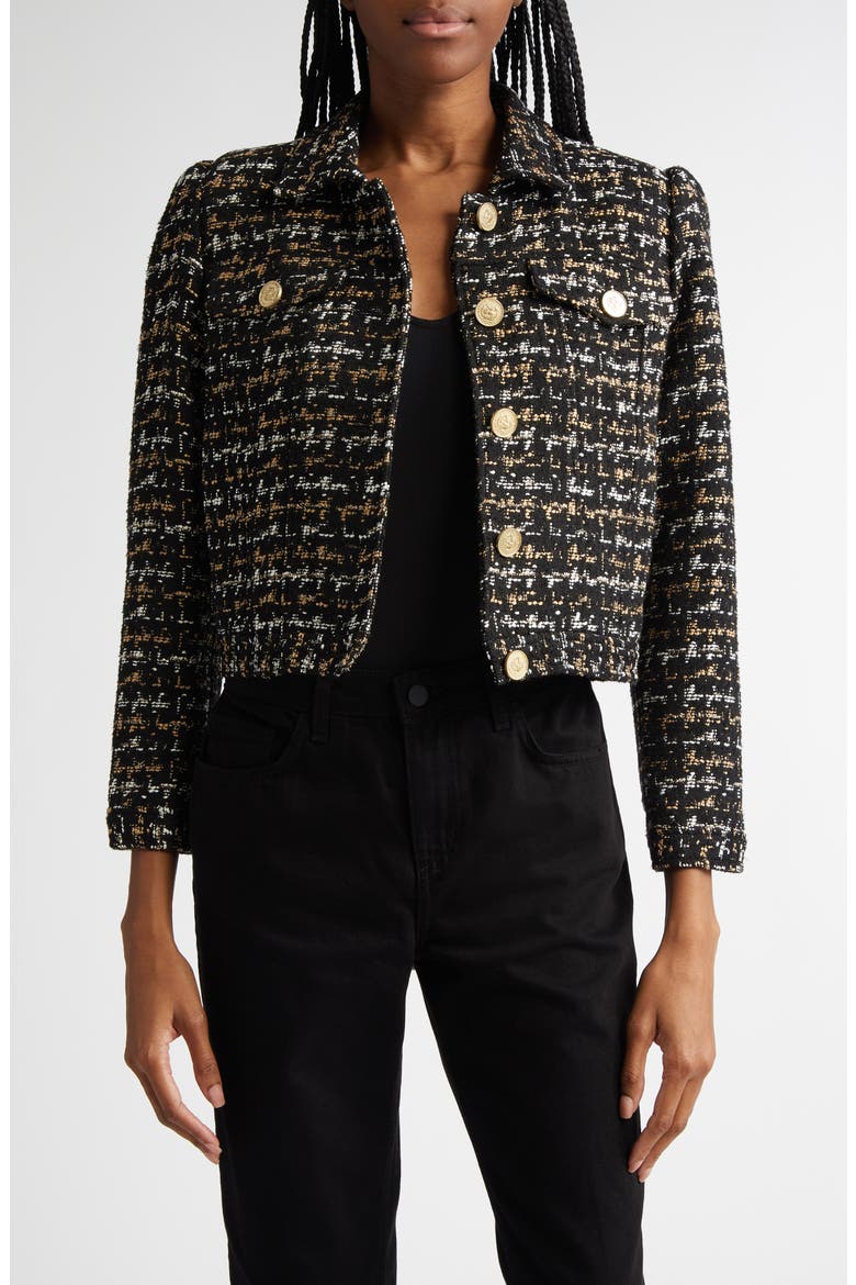 Kasey Metallic Puff Shoulder Bracelet Sleeve Tweed Blazer, Main, color, BLACK/ TAN TWEED