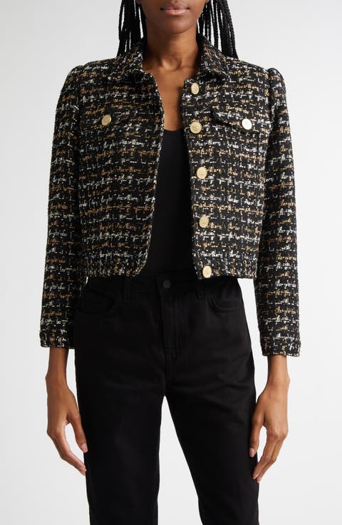 Kasey Metallic Puff Shoulder Bracelet Sleeve Tweed Blazer