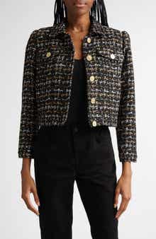 L'AGENCE Kasey Metallic Puff Shoulder Bracelet Sleeve Tweed Blazer