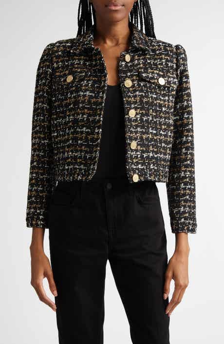 L'AGENCE Kasey Metallic Puff Shoulder Bracelet Sleeve Tweed Blazer